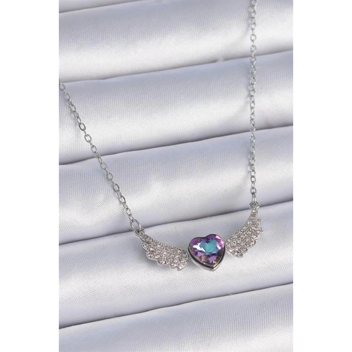 316L Çelik Zincir Gümüş Renk Mor Zirkon Taşlı Kanatlı Kalp Model Kadın Kolye