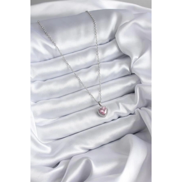 316L Çelik Zincir Gümüş Renk Pembe Zirkon Taş Charm Model Kadın Kolye