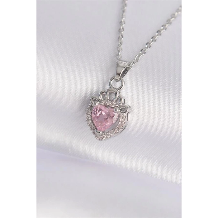 316L Çelik Zincir Gümüş Renk Pembe Zirkon Taşlı Rapunzel Kolye