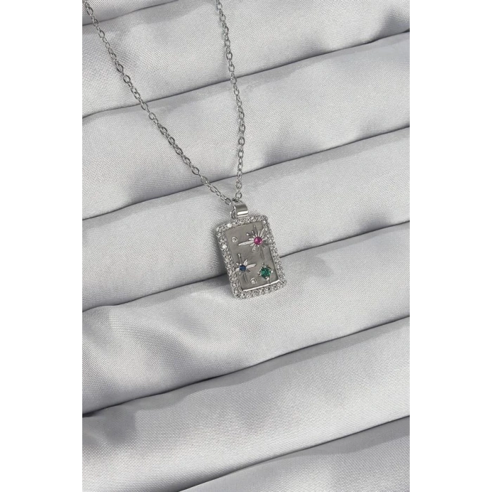 316L Çelik Zincir Gümüş Renk Renkli Zirkon Taşlı Vintage Kolye