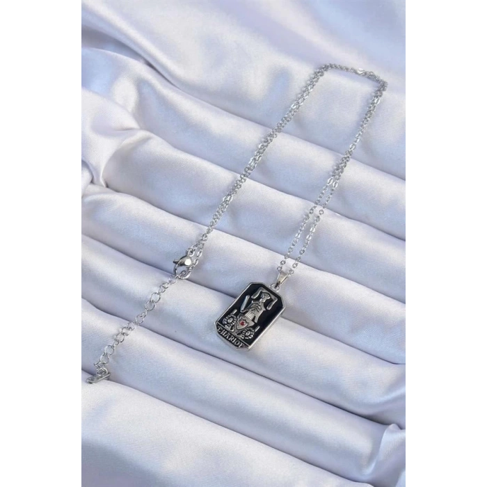 316L Çelik Zincir Gümüş Renk Siyah Mineli Tarot Kolye