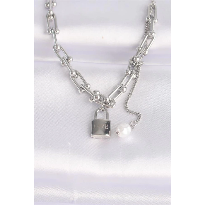 316L Çelik Zincir Gümüş Renk Zincirli Love Yazılı Kilit Kolye