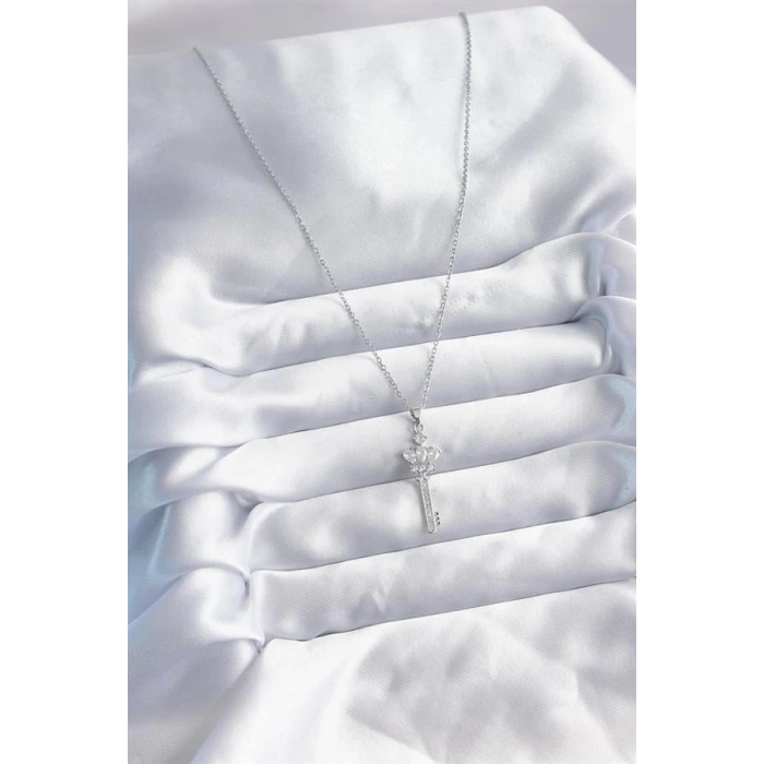 316L Çelik Zincir Gümüş Renk Zirkon Taşlı Anahtar Model Kadın Kolye