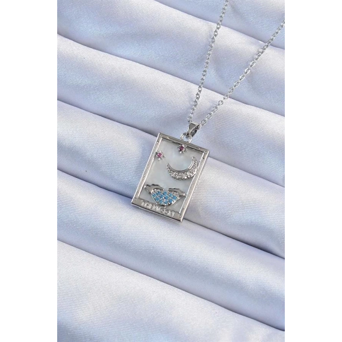 316L Çelik Zincir Gümüş Renk Zirkon Taşlı Ay Figürlü Tarot Kolye