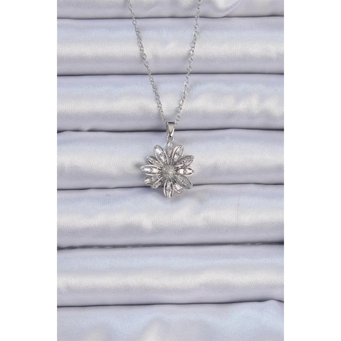 316L Çelik Zincir Gümüş Renk Zirkon Taşlı Çiçek Kolye