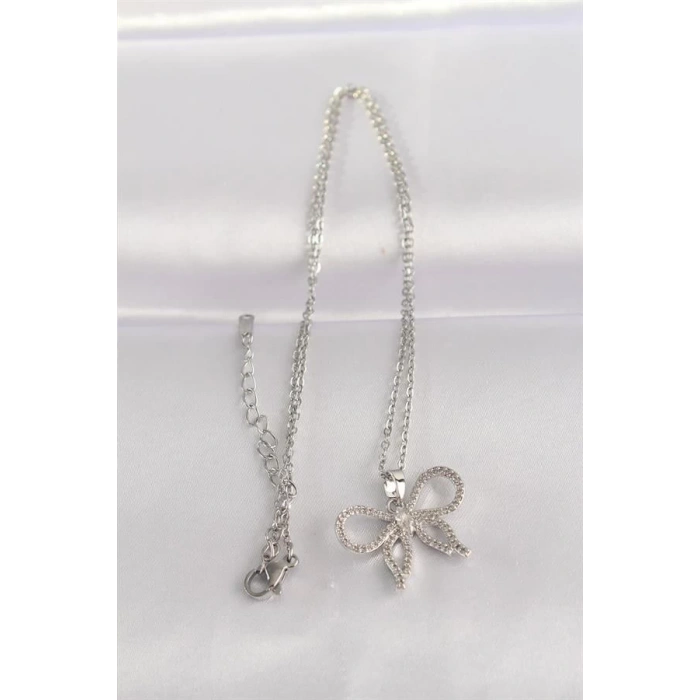 316L Çelik Zincir Gümüş Renk Zirkon Taşlı Fiyonk Kolye