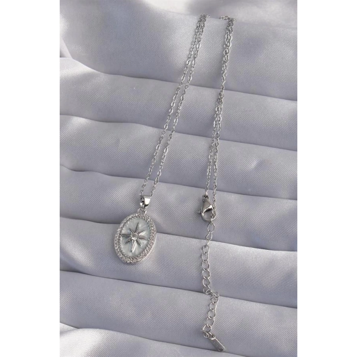 316L Çelik Zincir Gümüş Renk Zirkon Taşlı Kabartmalı Kutup Yıldızı Kolye