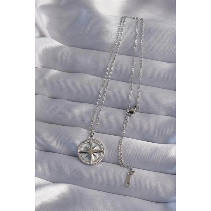 316L Çelik Zincir Gümüş Renk Zirkon Taşlı Kutup Yıldızı Kolye