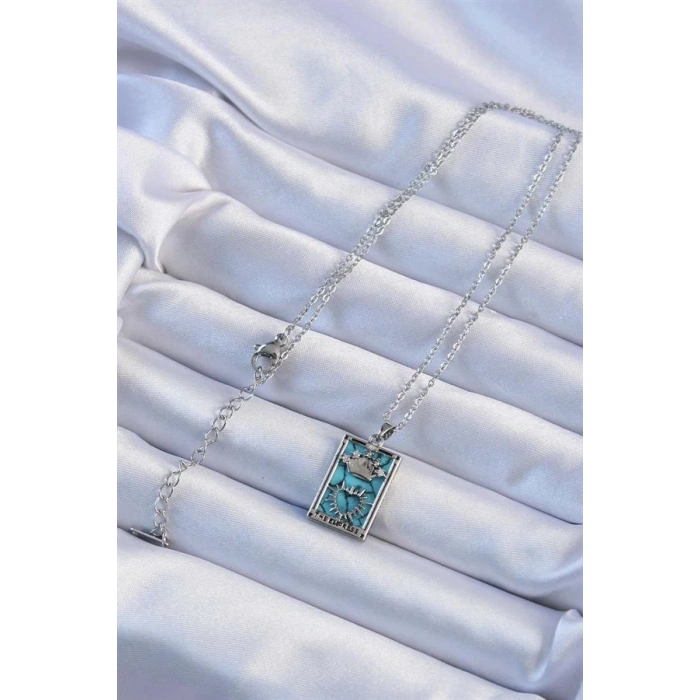 316L Çelik Zincir Gümüş Renk Zirkon Taşlı Mavi Mermer Desenli Taç Model Tarot Kolye