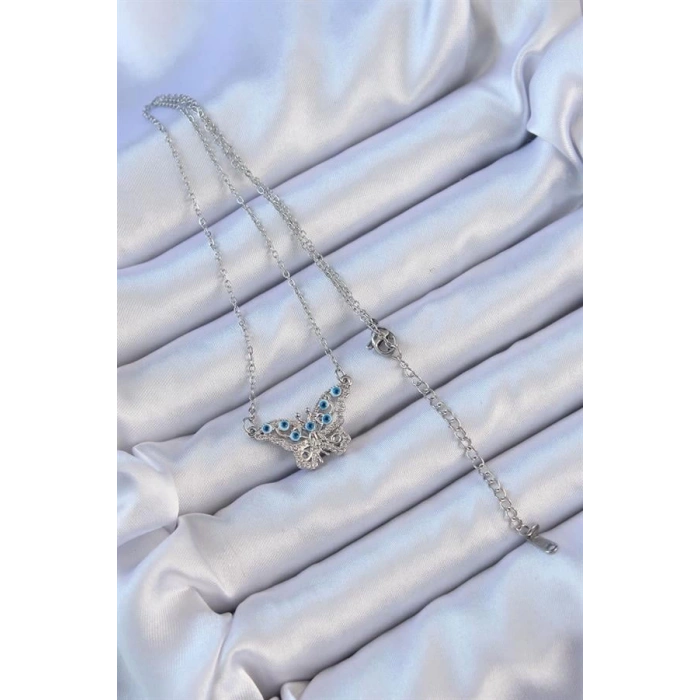 316L Çelik Zincir Gümüş Renk Zirkon Taşlı Nazarlı Kelebek Kolye