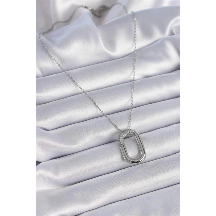 316L Çelik Zincir Gümüş Renk Zirkon Taşlı Oval Halka Model Kadın Kolye