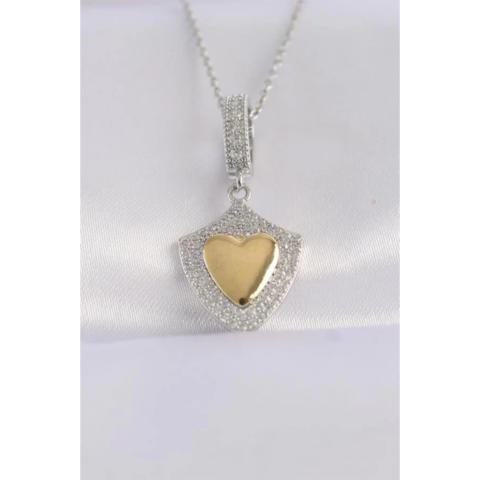 316L Çelik Zincir Gümüş Renk Zirkon Taşlı Tasarım Altın Renk Kalp Kolye