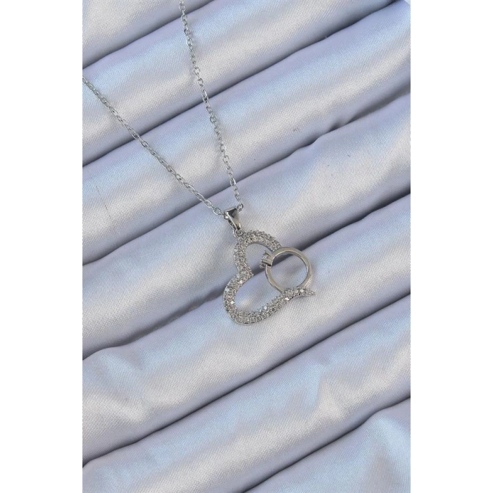 316L Çelik Zincir Gümüş Renk Zirkon Taşlı Yüzüklü Kalp Kolye