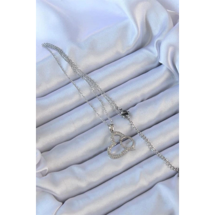 316L Çelik Zincir Gümüş Renk Zirkon Taşlı Yüzüklü Kalp Kolye