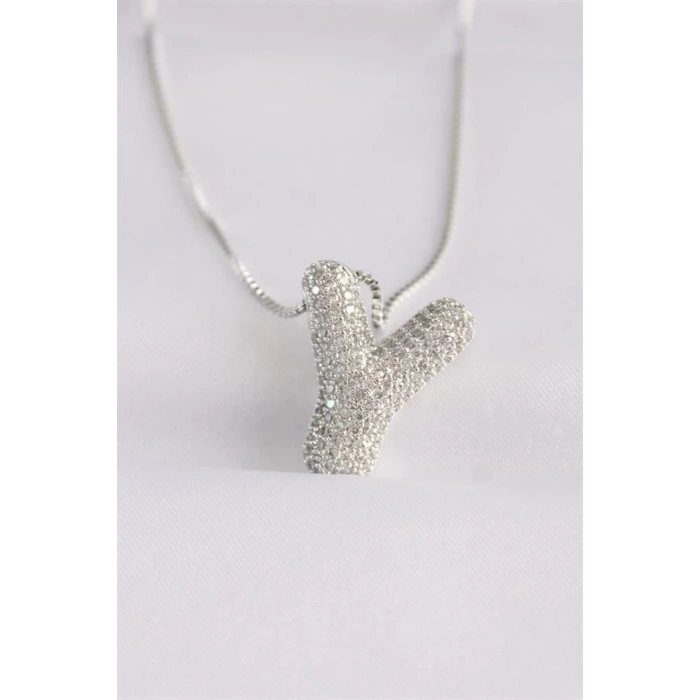 316L Çelik Zincirli Zirkon Taşlı Y Harfli Silver Renk Bubble Kolye