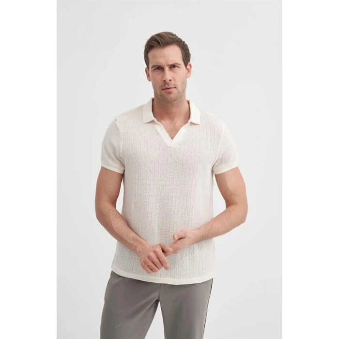 4012 Örgü Polo Yaka Erkek TShirt Ekru