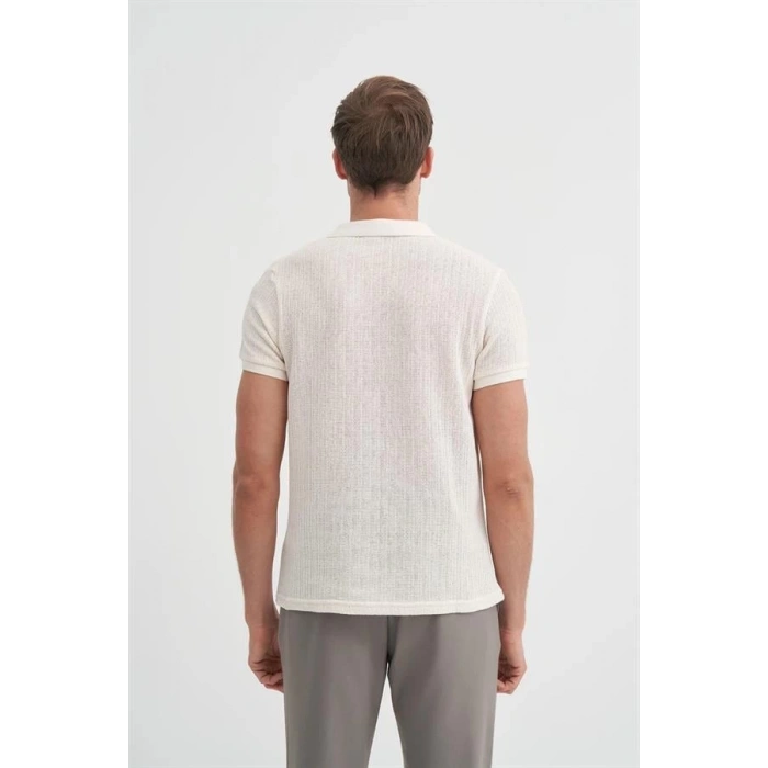 4012 Örgü Polo Yaka Erkek TShirt Ekru