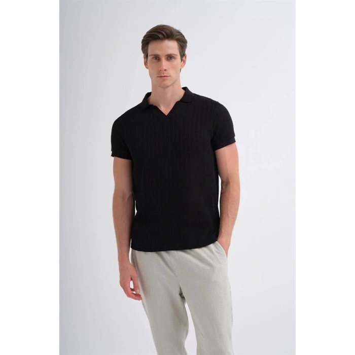 4012 Örgü Polo Yaka Erkek TShirt Siyah