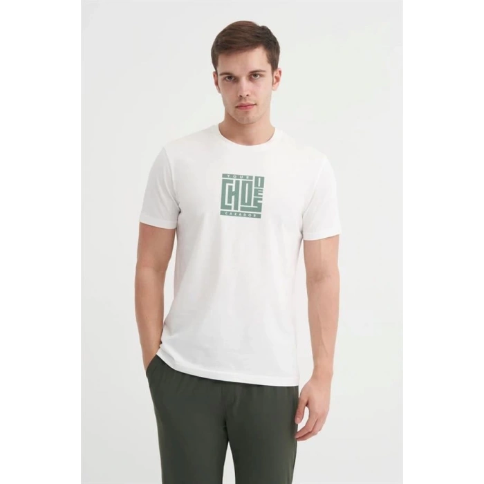 4165 Bisiklet Yaka Baskılı Erkek T-Shirt EKRU