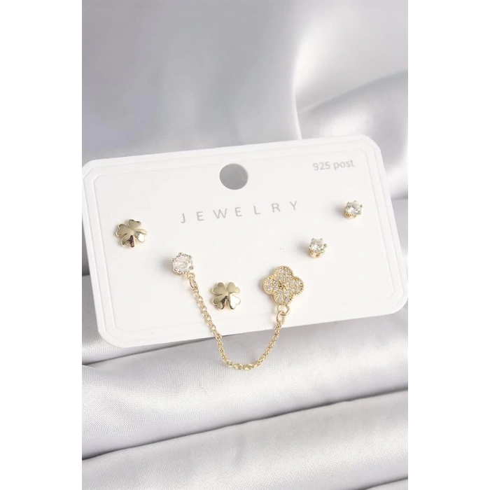 925 Ayar Gümüş Çivi Pirinç Gold Renk Zirkon Taşlı Yonca Model Sallantı Zincir Detay Kadın Küpe Seti