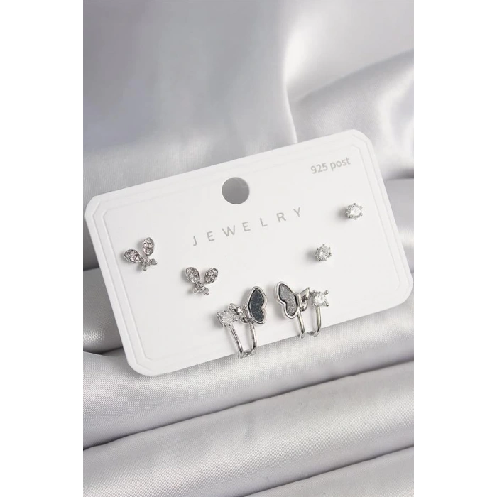 925 Ayar Gümüş Çivi Pirinç Gümüş Renk Zirkon Taşlı Kelebek Model Kadın Küpe Seti