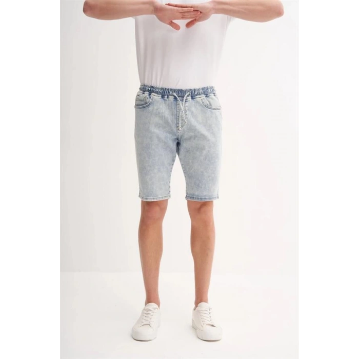 CAZ6714 Beli Lastikli Erkek Bermuda Kot Short Buz Mavi