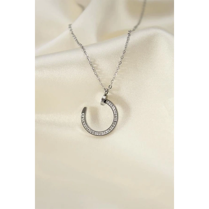 Çelik Silver Renk Zirkon Taşlı Çivi Model Kadın Kolye