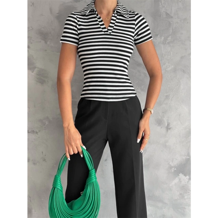 Çizgili Kaşkorse V Yaka Tişört Siyahbeyaz