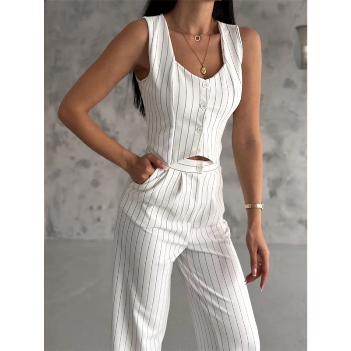 Çizgili palazzo pantolonlu yelek takım s3395