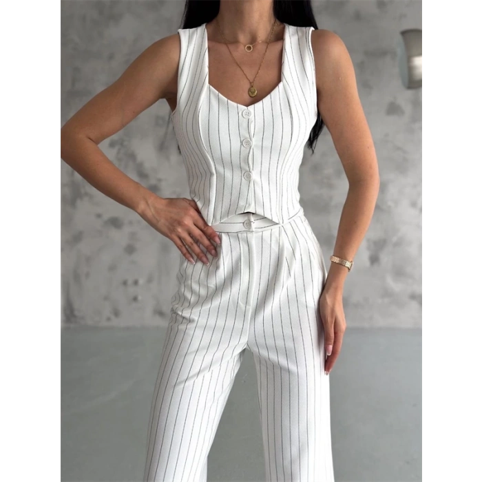 Çizgili palazzo pantolonlu yelek takım s3395