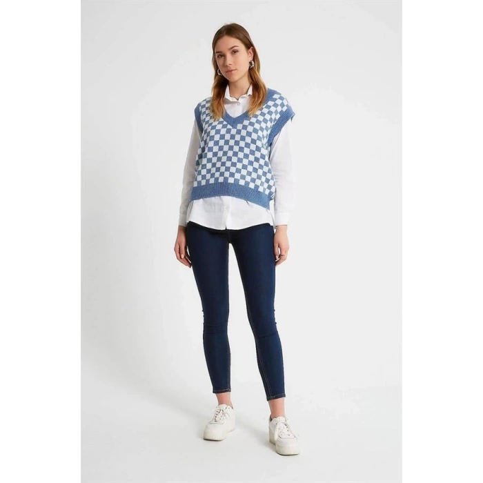 Dama Desenli Örme Oversıze Kadın Triko