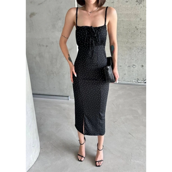 Desenli askılı elbise