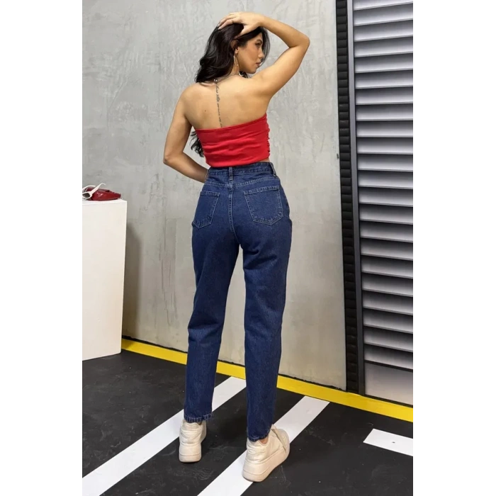 Düz Orta Kadın Mavi Slim Fit Mom pantolon