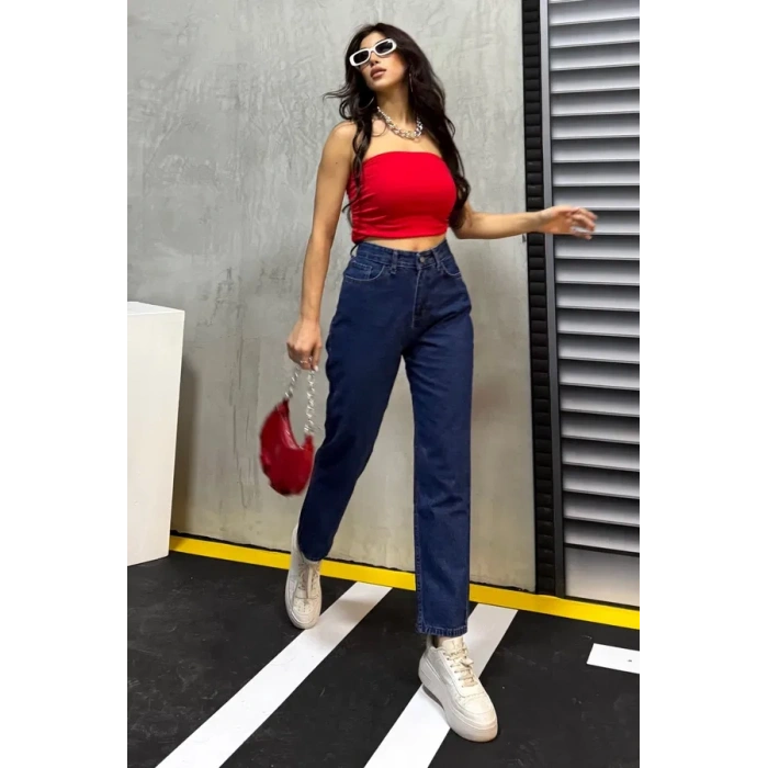 Düz Orta Kadın Mavi Slim Fit Mom pantolon