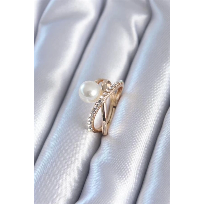 Gold Renk İncili Zirkon Taşlı Kadın Yüzük