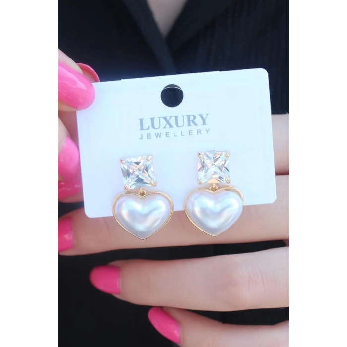 Gold Renk Kalp Model Zirkon Taşlı Pirinç Kadın Küpe