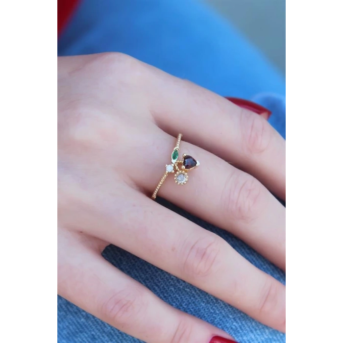 Gold Renk Kiraz Model Zirkon Taşlı Kadın Yüzük