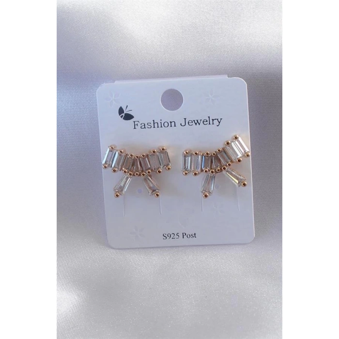 Gold Renk Kurdele Model Zirkon Taşlı Kadın Küpe