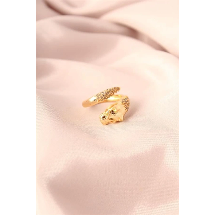 Gold Renk Metal Zirkon Taşlı Kaplan Model Ayarlanabilir Kadın Yüzük