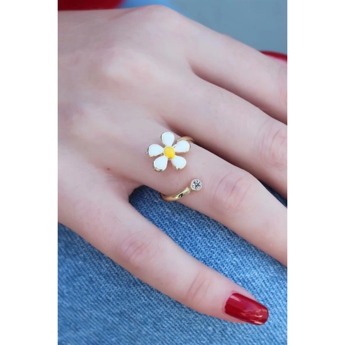 Gold Renk Papatya Model Zirkon Taş Detay Kadın Yüzük