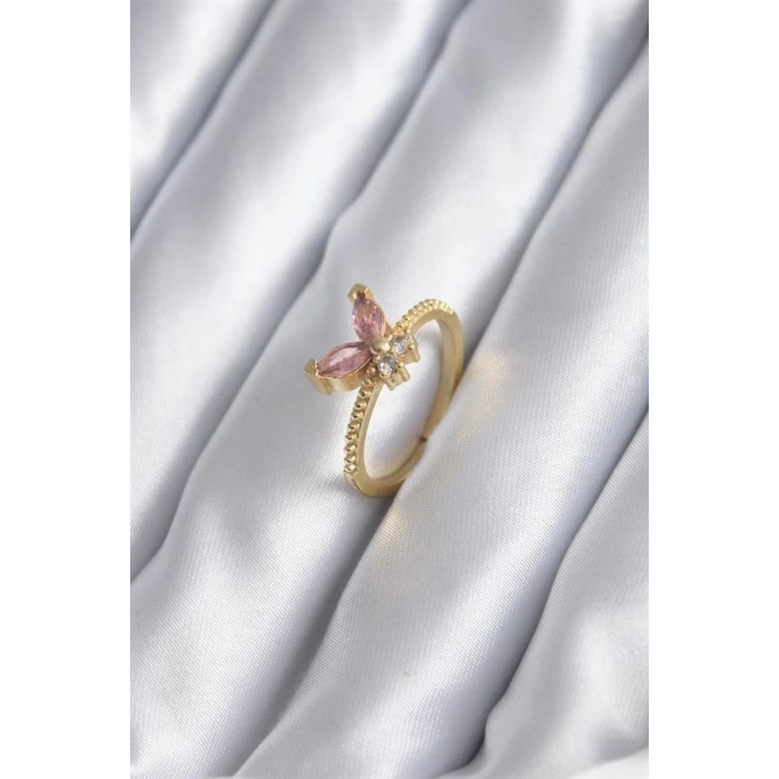 Gold Renk Pembe Zirkon Taşlı Kelebek Model Kadın Yüzük