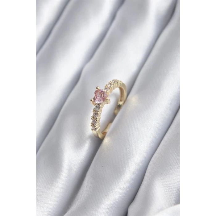 Gold Renk Zirkon Taşlı Pembe Kristal Kalp Model Kadın Yüzük