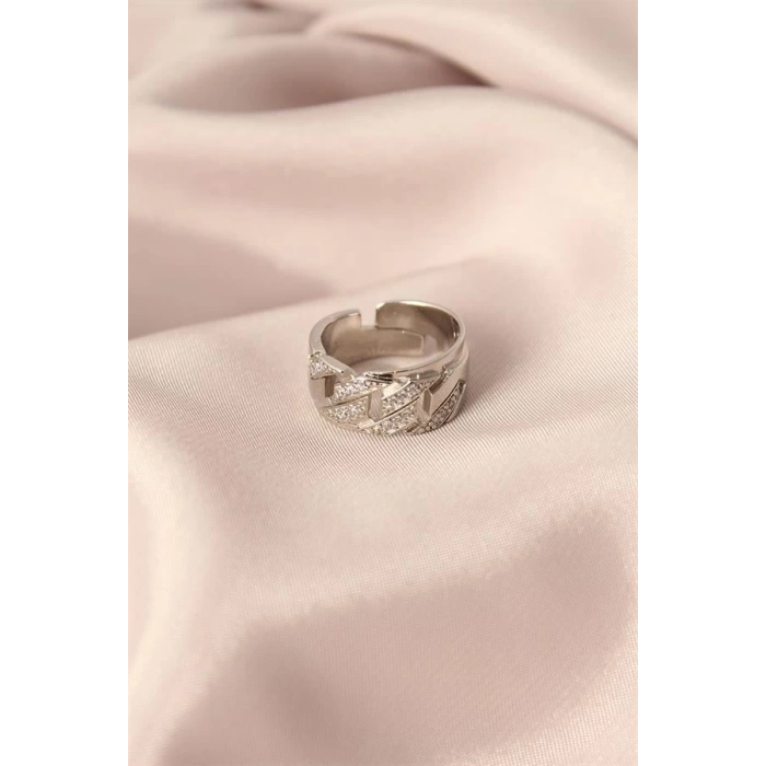 Gümüş Renk Metal Zirkon Taşlı Ayarlanabilir Kadın Yüzük