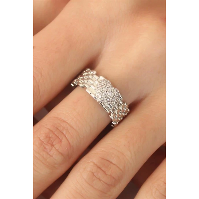 Gümüş Renk Zirkon Taşlı Kalpli Ayarlanabilir Kadın Yüzük