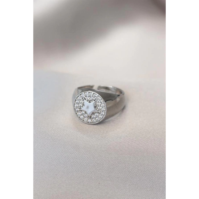 Gümüş Renk Zirkon Taşlı Plaka Yıldız Yüzük