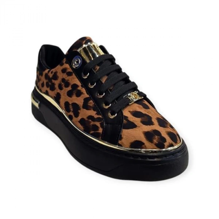 K732510 Yüksek Taban Leopar Desenli Kadın Sneaker Siyah Leopar