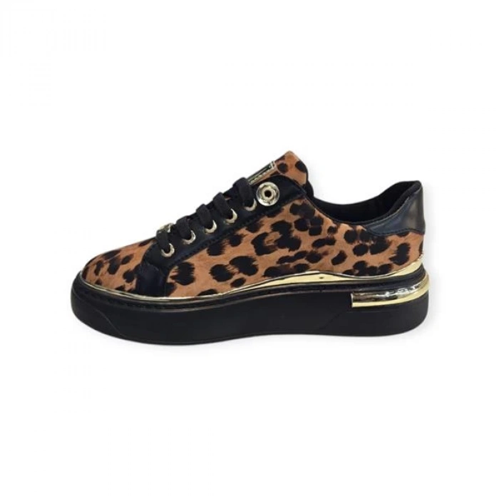 K732510 Yüksek Taban Leopar Desenli Kadın Sneaker Siyah Leopar