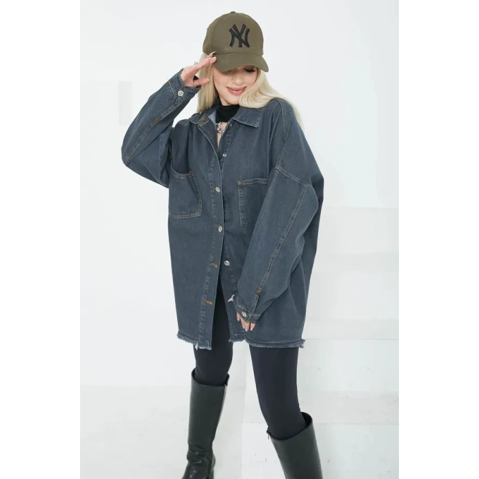 Kadın Çift Cepli Püskül Detay Kot Ceket