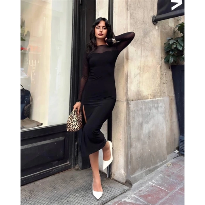 Kadın tül detaylı midi boy yırtmaçlı elbise