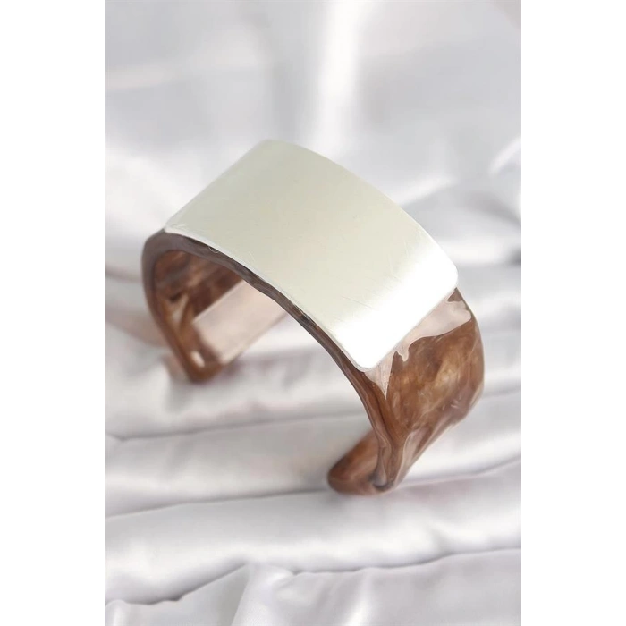 Kahverengi Mermer Desen Akrilik Plastik Gümüş Dikdörtgen Plaka Vintage Kadın Bilezik